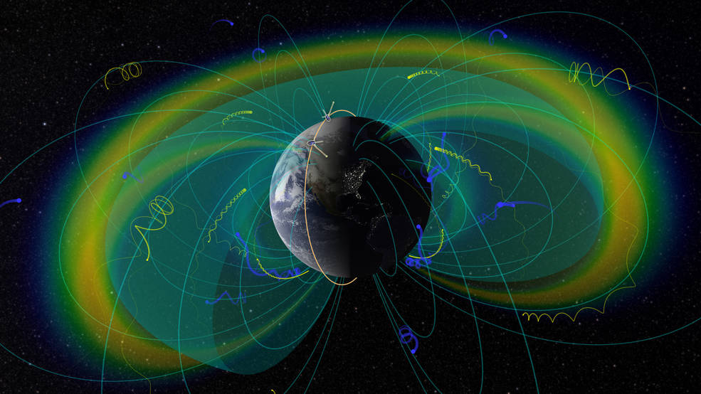 An artist’s depiction of the Van Allen Belts, showing Earth’s magnetic field lines and the trajectories of charged particles trapped by them. The twin ELFIN spacecraft are shown following their inclined polar orbit, traced in yellow. Credits: UCLA EPSS/NASA SVS