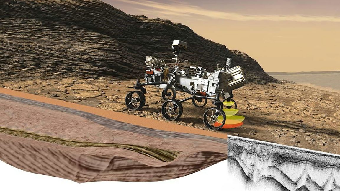 Rendering of the NASA Perseverance. The rover’s RIMFAX technology will use radar waves to probe the unexplored world that lies beneath the Martian surface.
