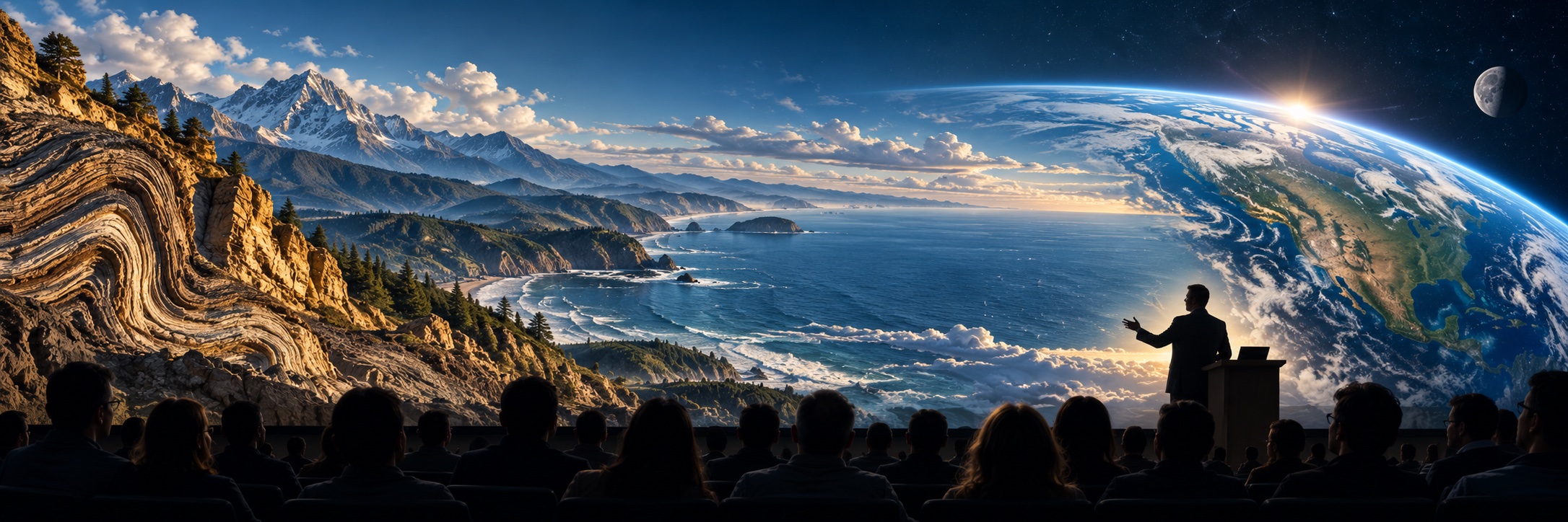 A speaker at a podium addresses a lecture hall audience in front of a panorama of folded rock strata, mountains, coastline, and Earth from space